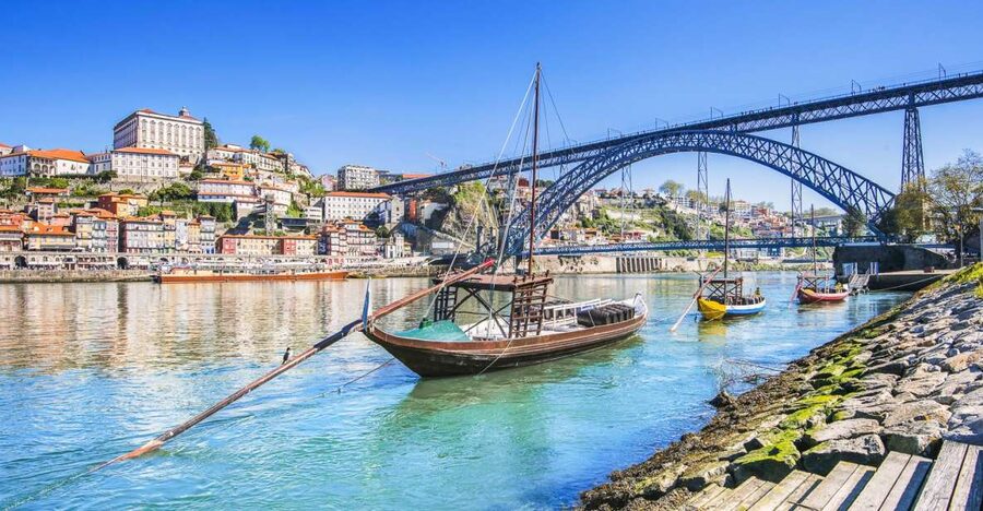 Rabelo boats on the Douro below the Dom Luis I bridge in Porto